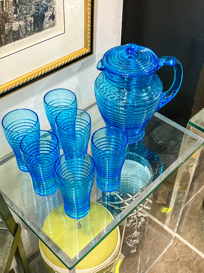 Vintage Turquoise Aqua Ribbed Glass Iced Tea Six Glasses Lidded Pitcher Set