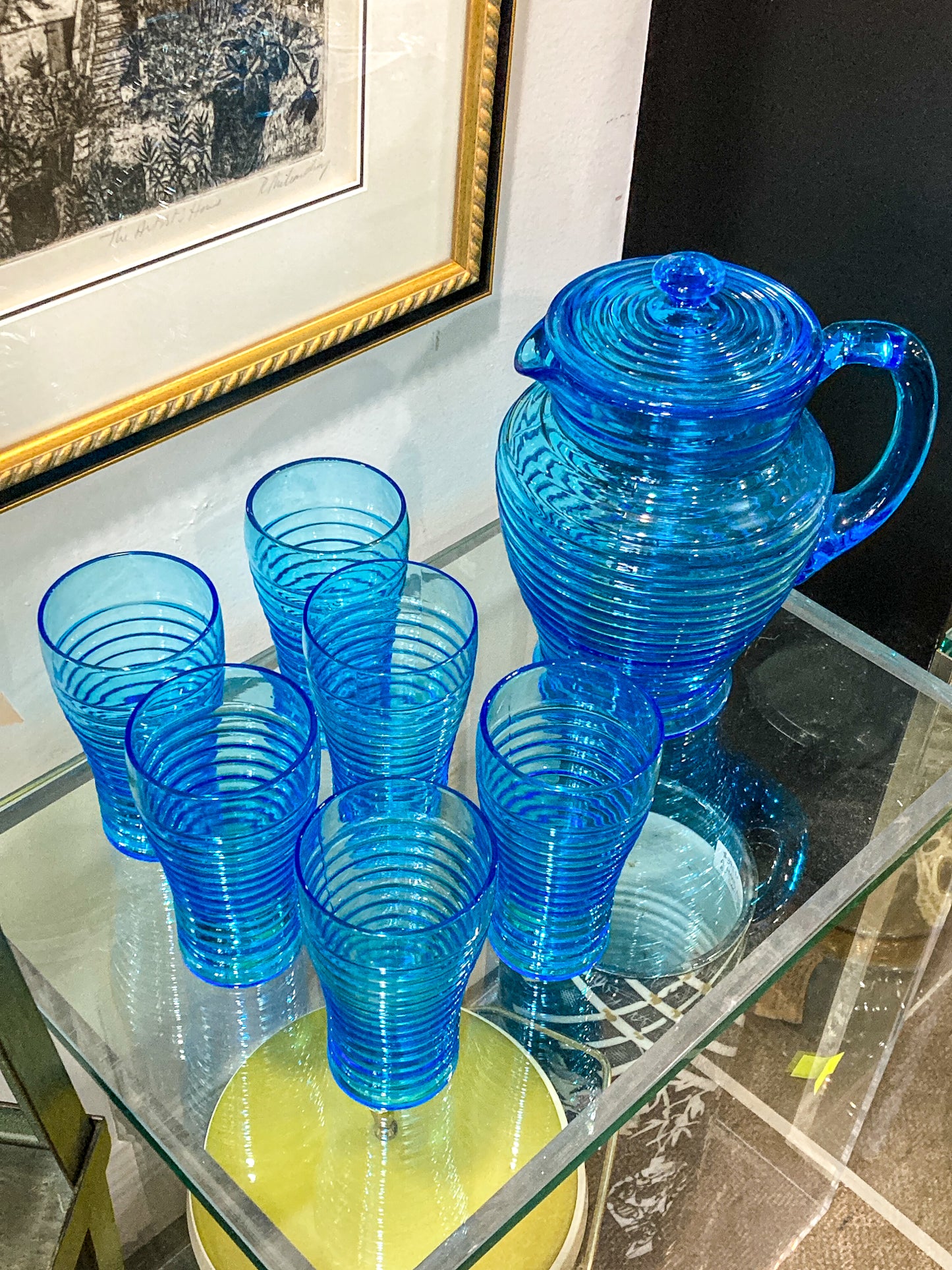 Vintage Turquoise Aqua Ribbed Glass Iced Tea Six Glasses Lidded Pitcher Set