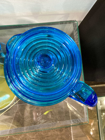 Vintage Turquoise Aqua Ribbed Glass Iced Tea Six Glasses Lidded Pitcher Set