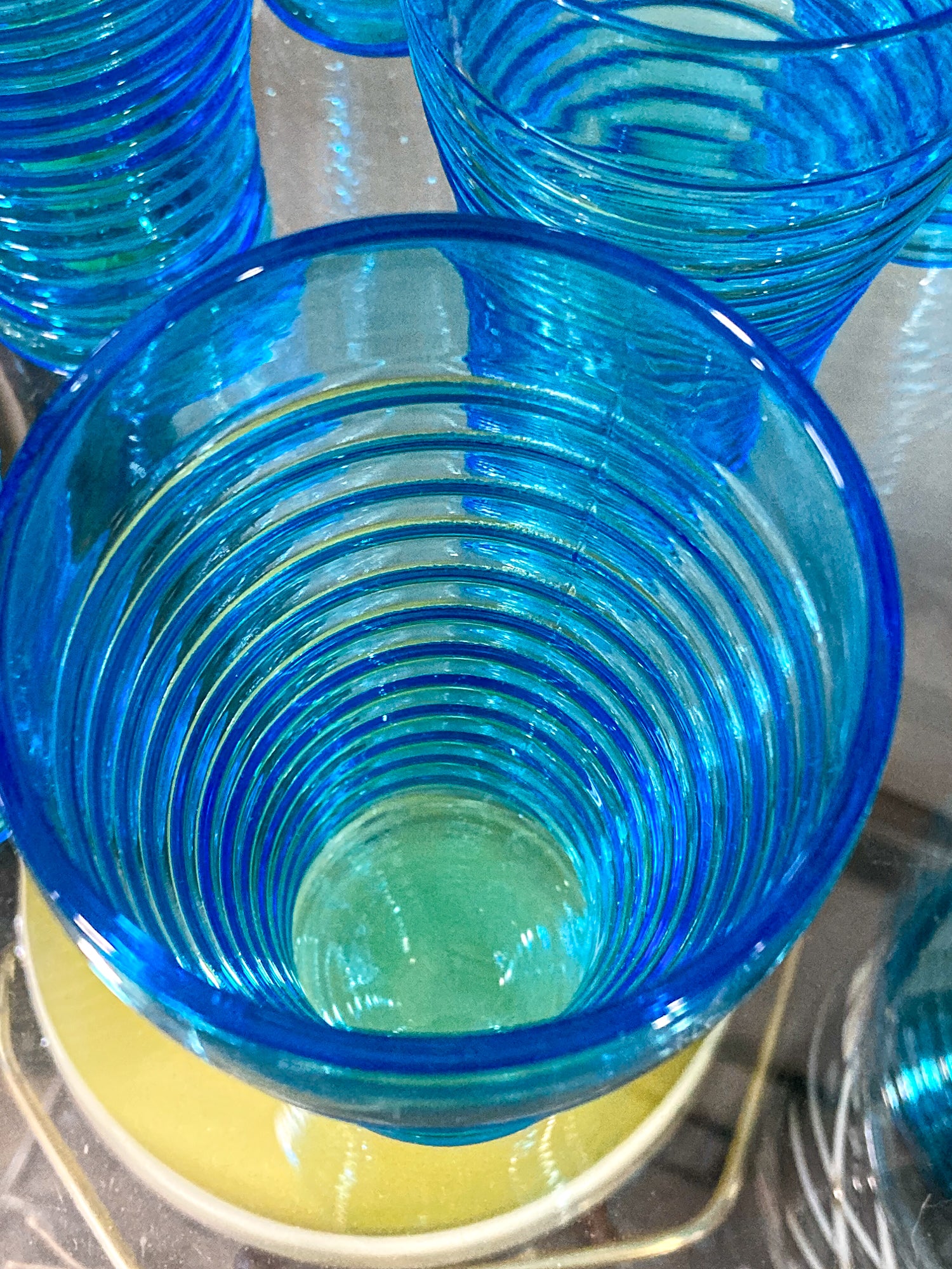 Vintage Turquoise Aqua Ribbed Glass Iced Tea Six Glasses Lidded Pitcher Set