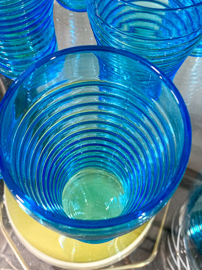 Vintage Turquoise Aqua Ribbed Glass Iced Tea Six Glasses Lidded Pitcher Set