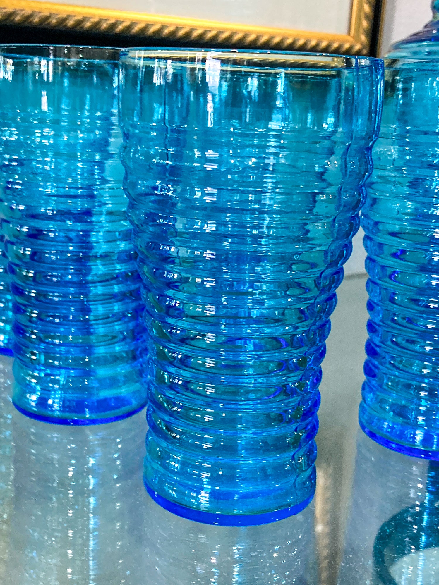 Vintage Turquoise Aqua Ribbed Glass Iced Tea Six Glasses Lidded Pitcher Set