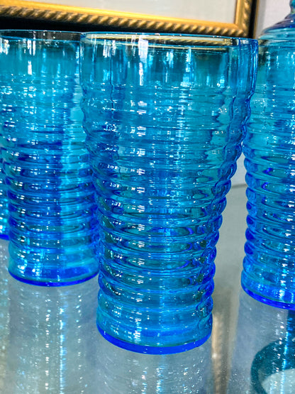 Vintage Turquoise Aqua Ribbed Glass Iced Tea Six Glasses Lidded Pitcher Set