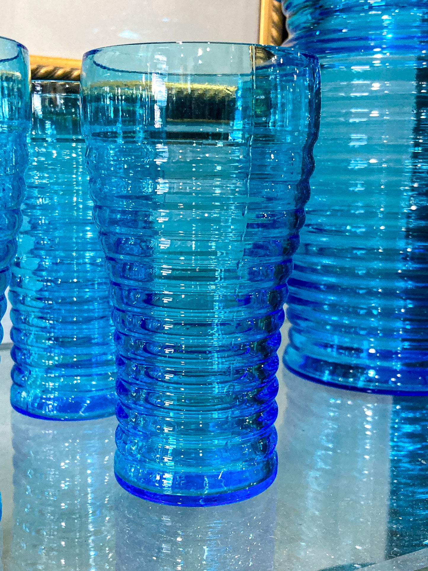 Vintage Turquoise Aqua Ribbed Glass Iced Tea Six Glasses Lidded Pitcher Set