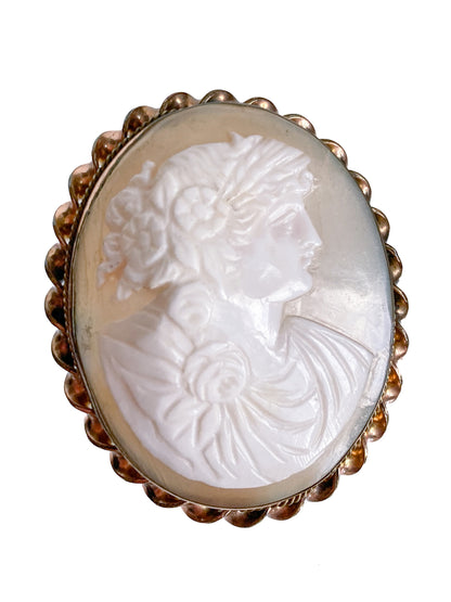 Vintage Twist Oval Gold Toned Italian Shell Carved Cameo Brooch Pin