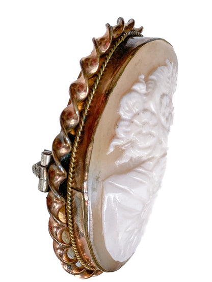 Vintage Twist Oval Gold Toned Italian Shell Carved Cameo Brooch Pin
