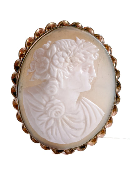 Vintage Twist Oval Gold Toned Italian Shell Carved Cameo Brooch Pin