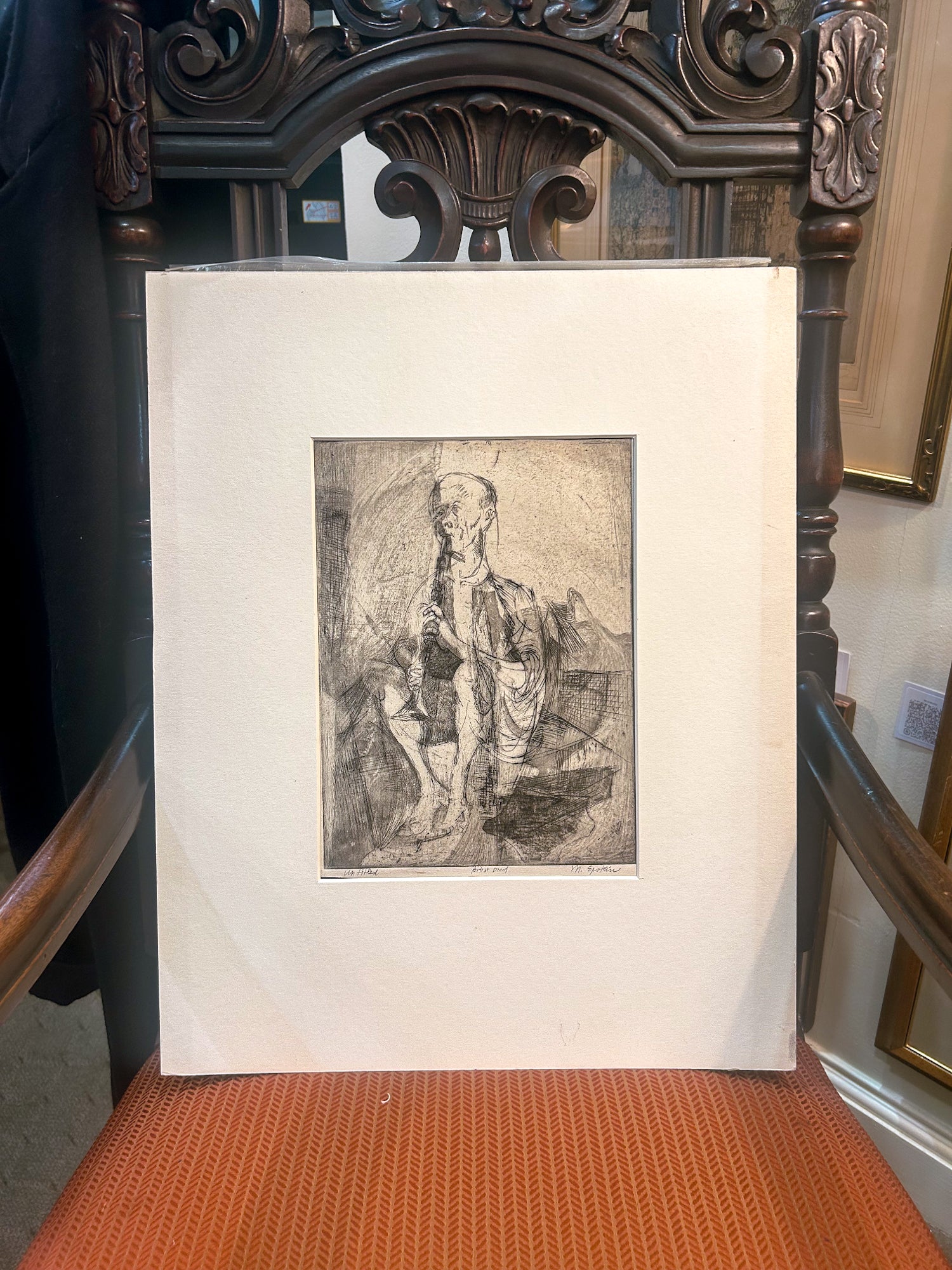 Vintage Cleveland Artist Marion Epstein Unframed Musician Clarinet Gestural Figural Etching Print