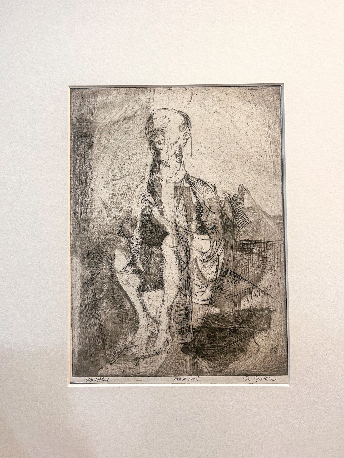 Vintage Cleveland Artist Marion Epstein Unframed Musician Clarinet Gestural Figural Etching Print