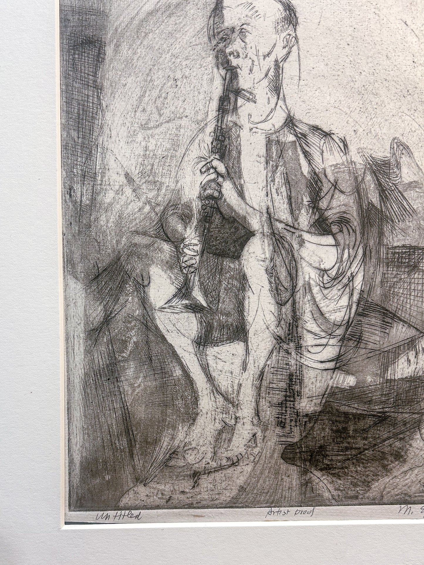Vintage Cleveland Artist Marion Epstein Unframed Musician Clarinet Gestural Figural Etching Print