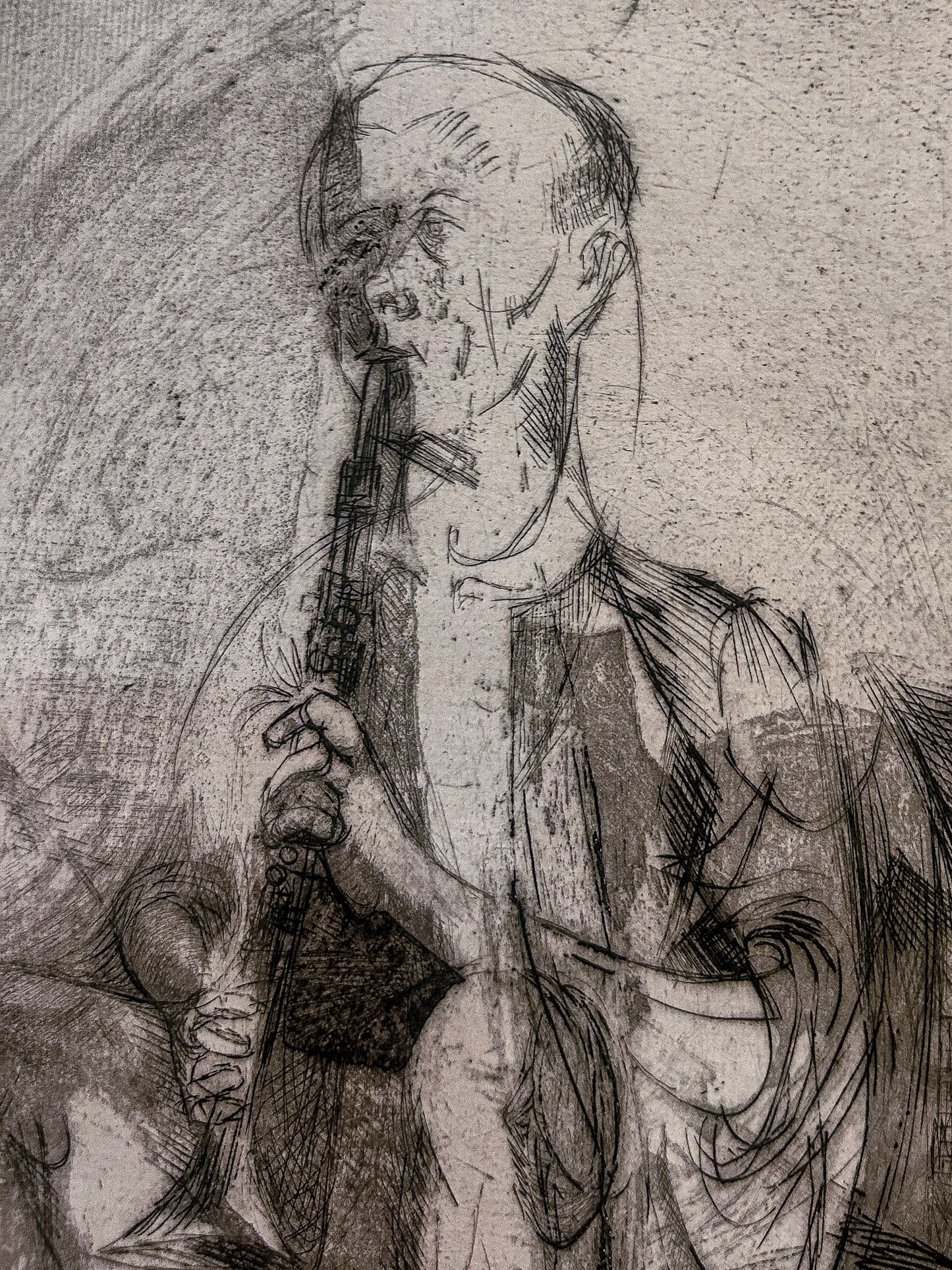 Vintage Cleveland Artist Marion Epstein Unframed Musician Clarinet Gestural Figural Etching Print