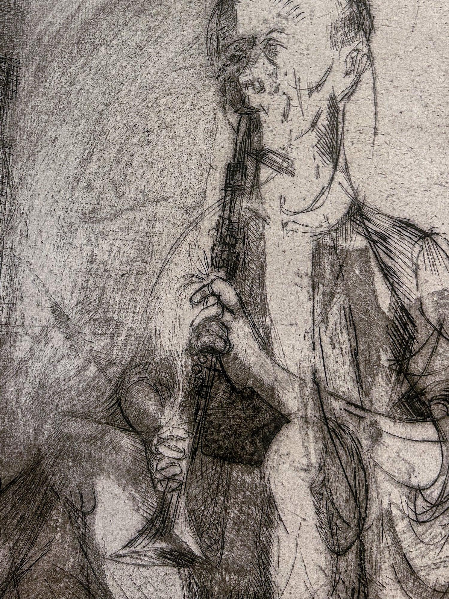 Vintage Cleveland Artist Marion Epstein Unframed Musician Clarinet Gestural Figural Etching Print