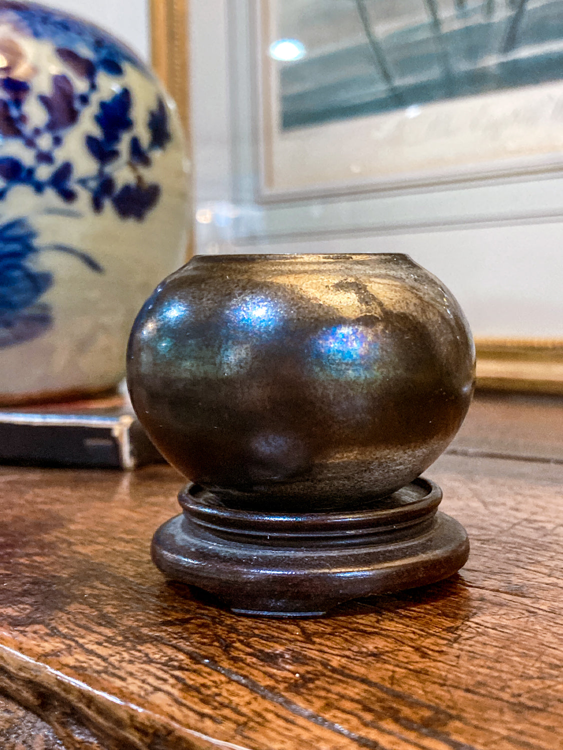 Vintage Unknown Maker Studio Black Iridescent Mini Pottery Vase with Stand