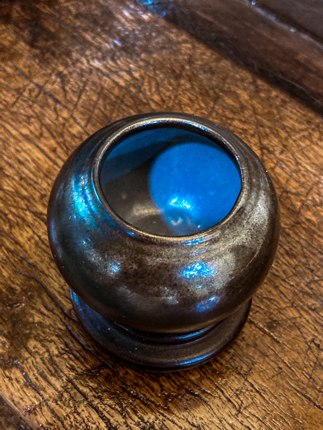 Vintage Unknown Maker Studio Black Iridescent Mini Pottery Vase with Stand