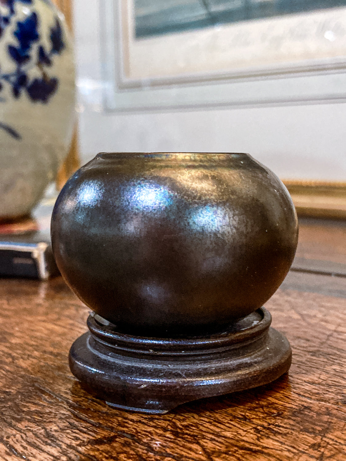 Vintage Unknown Maker Studio Black Iridescent Mini Pottery Vase with Stand