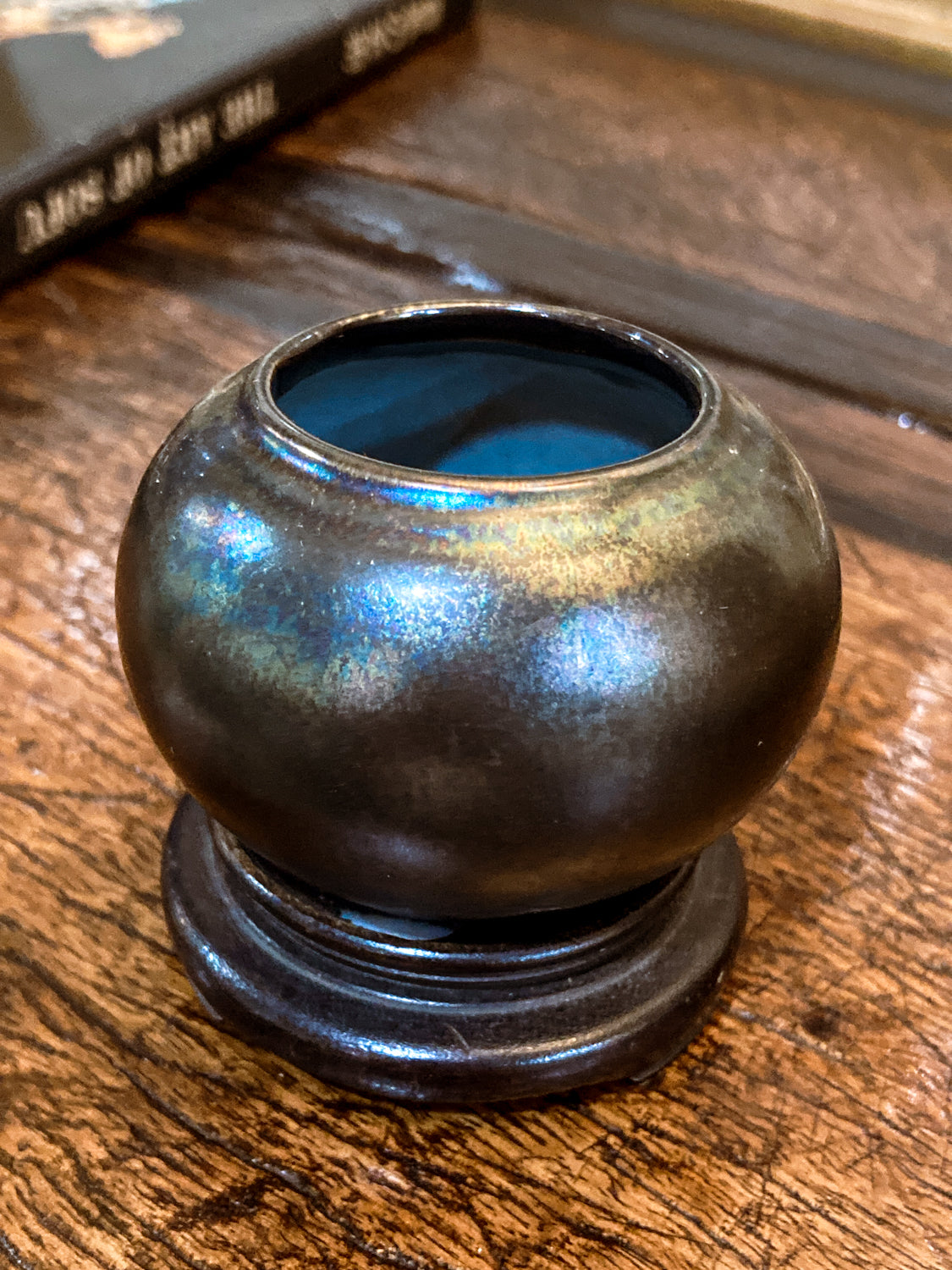 Vintage Unknown Maker Studio Black Iridescent Mini Pottery Vase with Stand