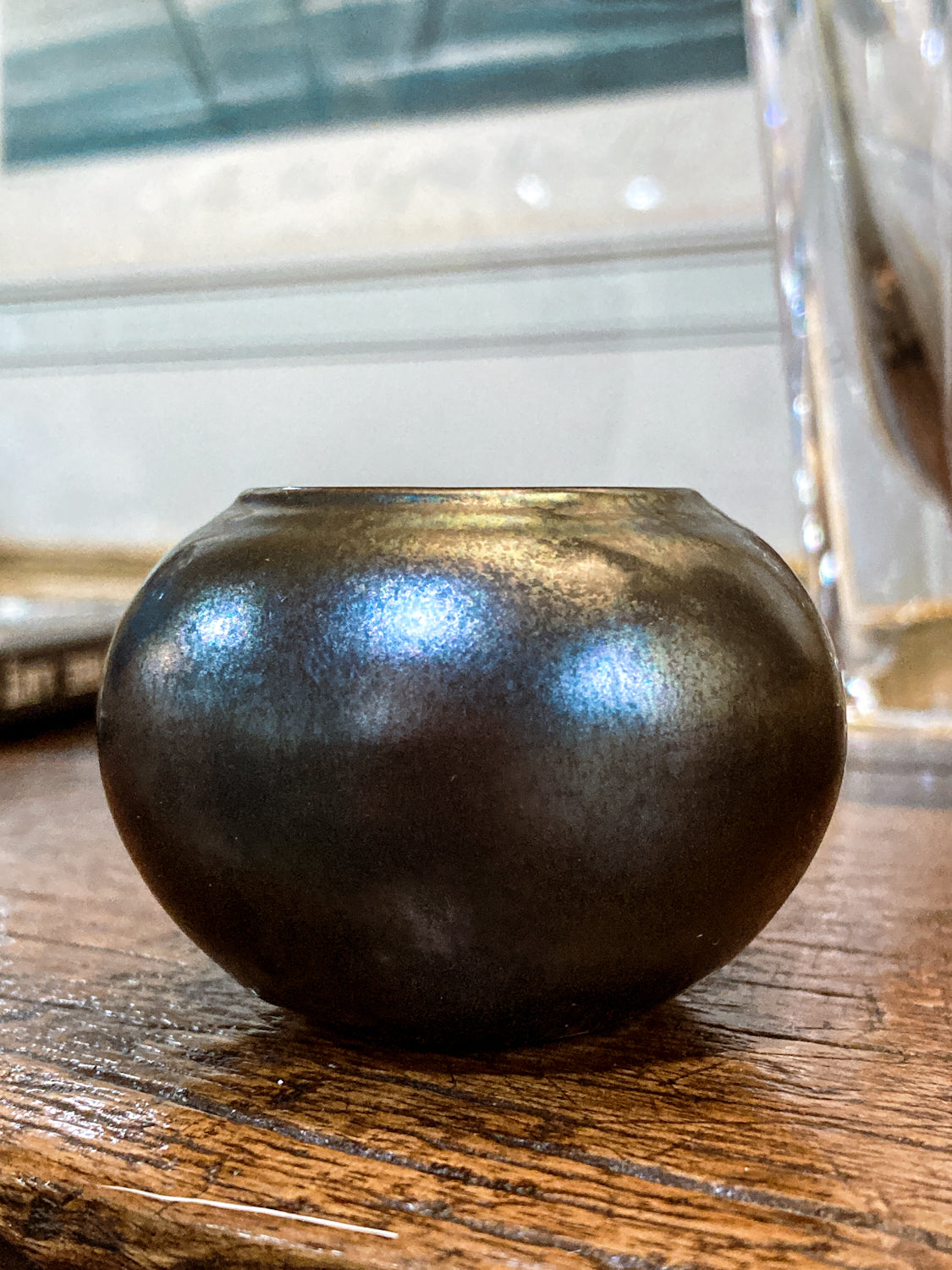 Vintage Unknown Maker Studio Black Iridescent Mini Pottery Vase with Stand