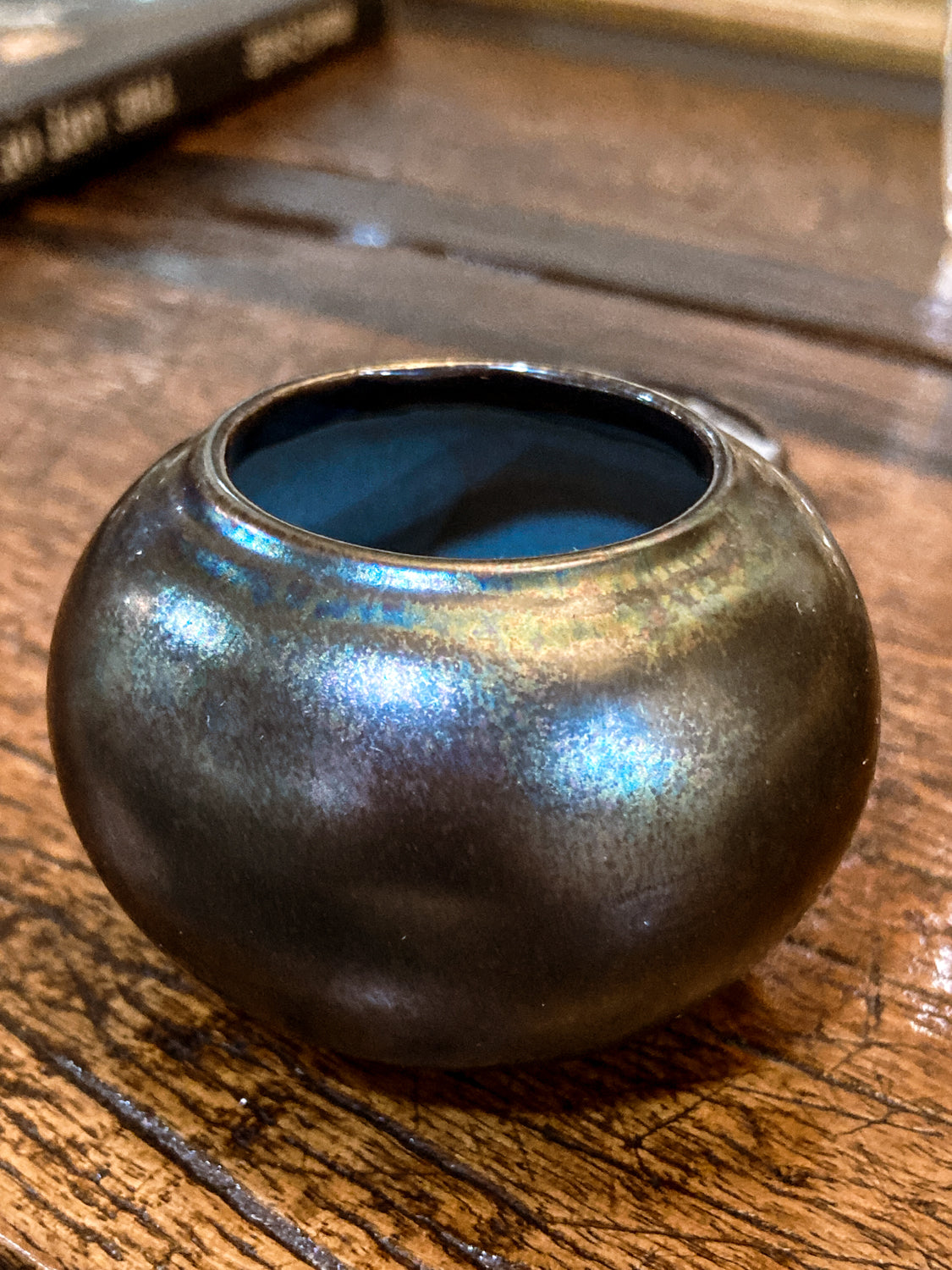 Vintage Unknown Maker Studio Black Iridescent Mini Pottery Vase with Stand