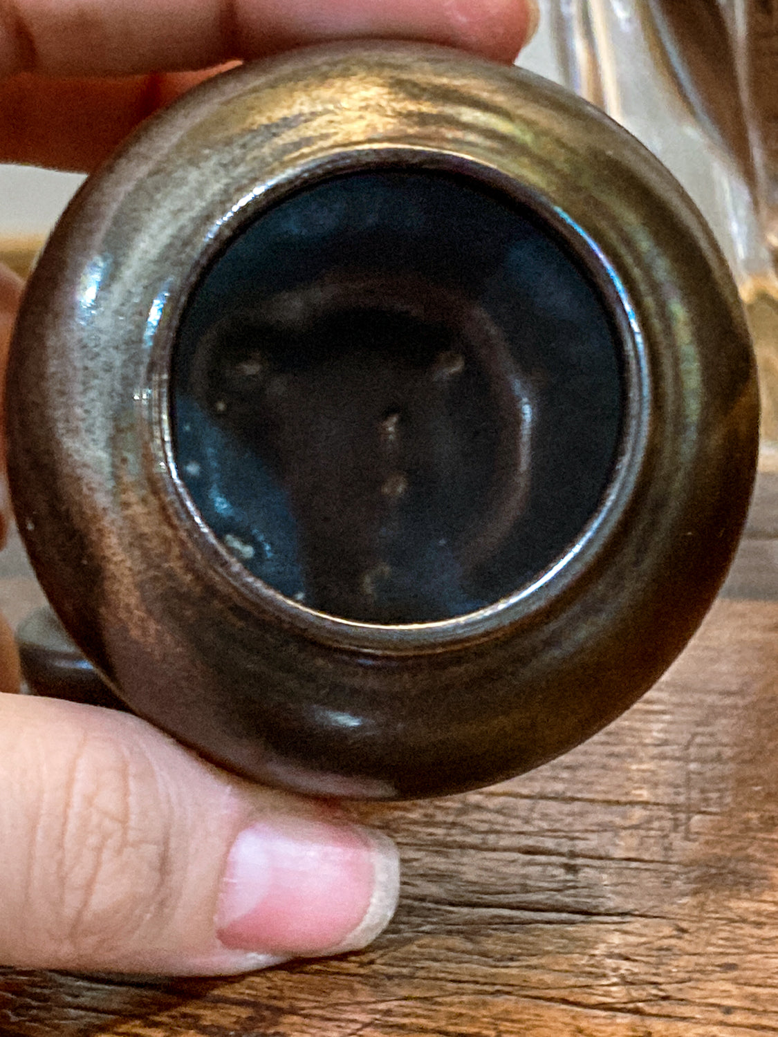 Vintage Unknown Maker Studio Black Iridescent Mini Pottery Vase with Stand
