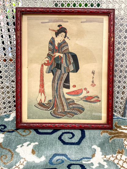 Reprinted Antique Utagawa Hiroshige (1797-1858) Japanese Geisha Framed Woodblock Print