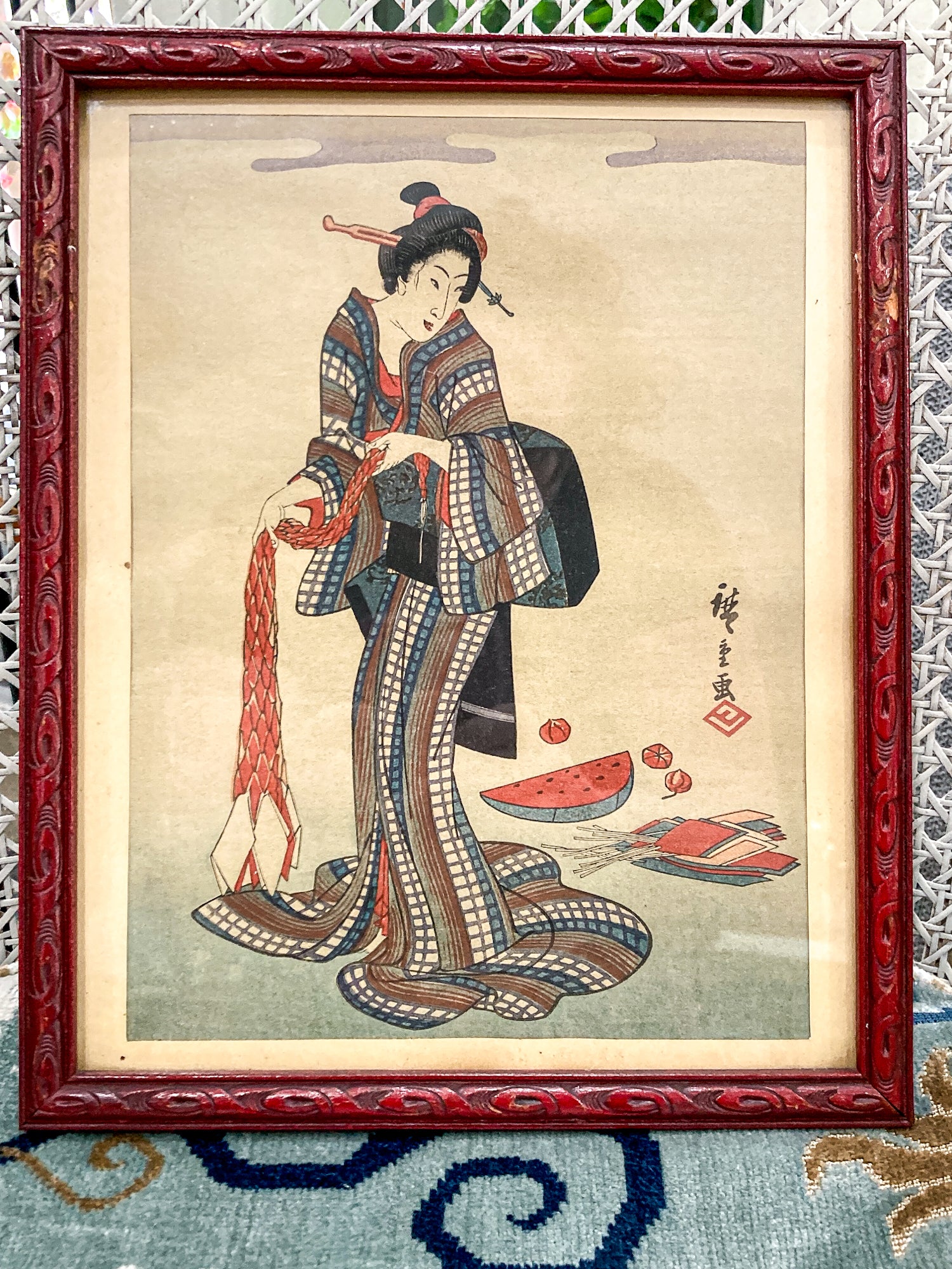 Reprinted Antique Utagawa Hiroshige (1797-1858) Japanese Geisha Framed Woodblock Print