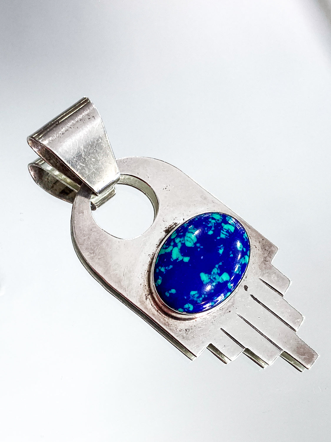 Vintage VHC Sterling Silver Blue Green Azurite Cabochon Abstract Pendant