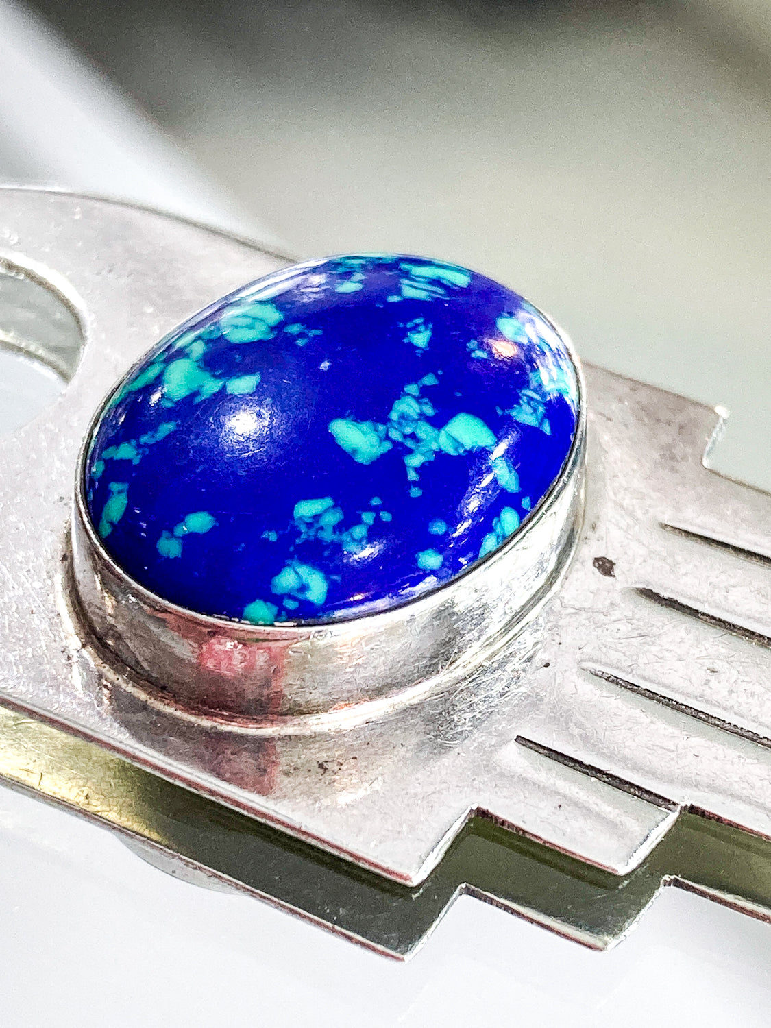 Vintage VHC Sterling Silver Blue Green Azurite Cabochon Abstract Pendant