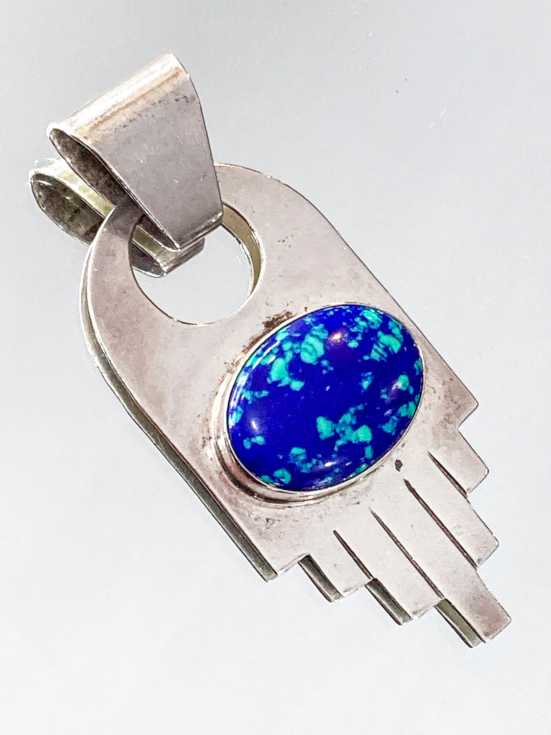 Vintage VHC Sterling Silver Blue Green Azurite Cabochon Abstract Pendant