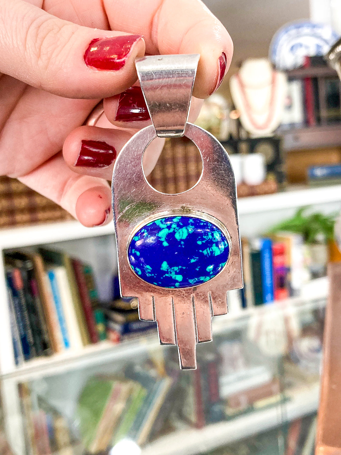 Vintage VHC Sterling Silver Blue Green Azurite Cabochon Abstract Pendant