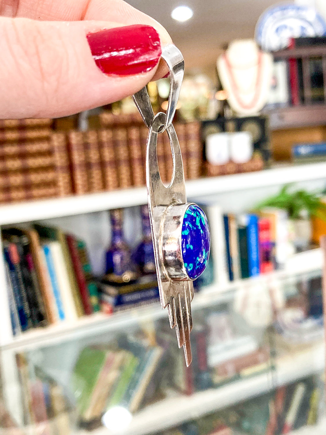 Vintage VHC Sterling Silver Blue Green Azurite Cabochon Abstract Pendant