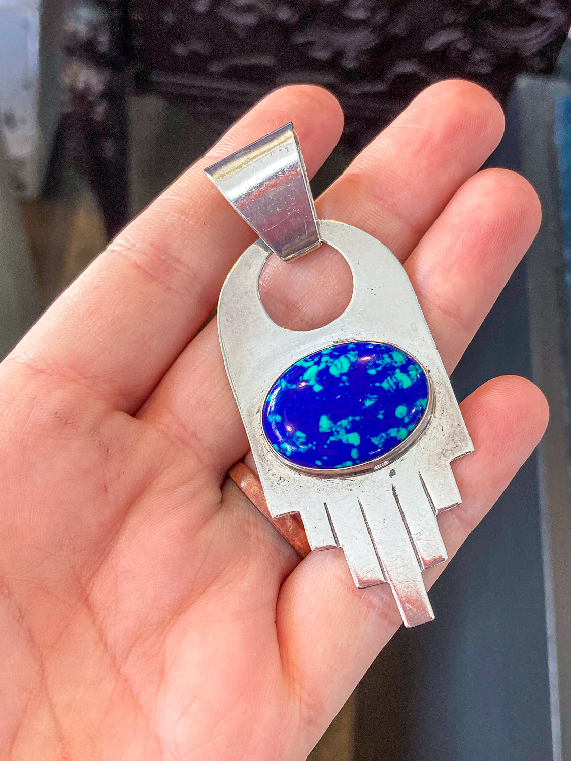 Vintage VHC Sterling Silver Blue Green Azurite Cabochon Abstract Pendant