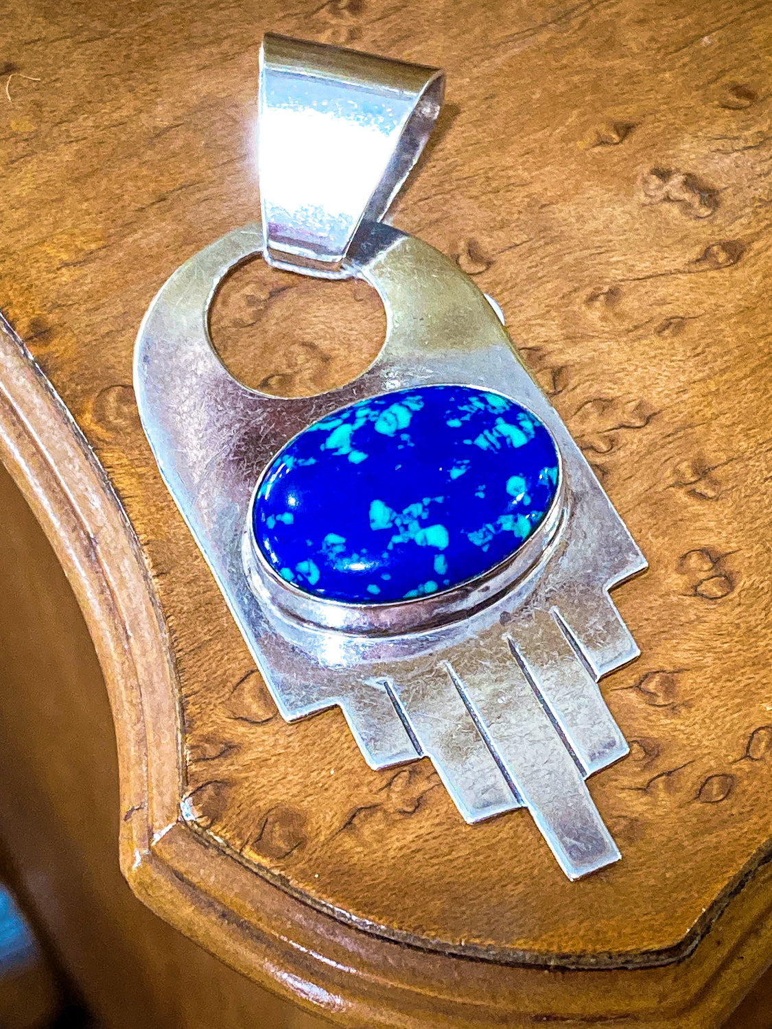Vintage VHC Sterling Silver Blue Green Azurite Cabochon Abstract Pendant