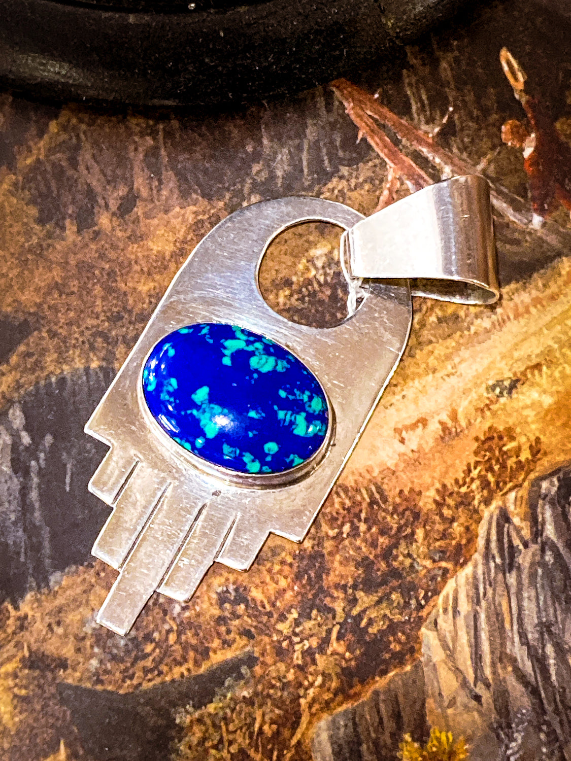 Vintage VHC Sterling Silver Blue Green Azurite Cabochon Abstract Pendant