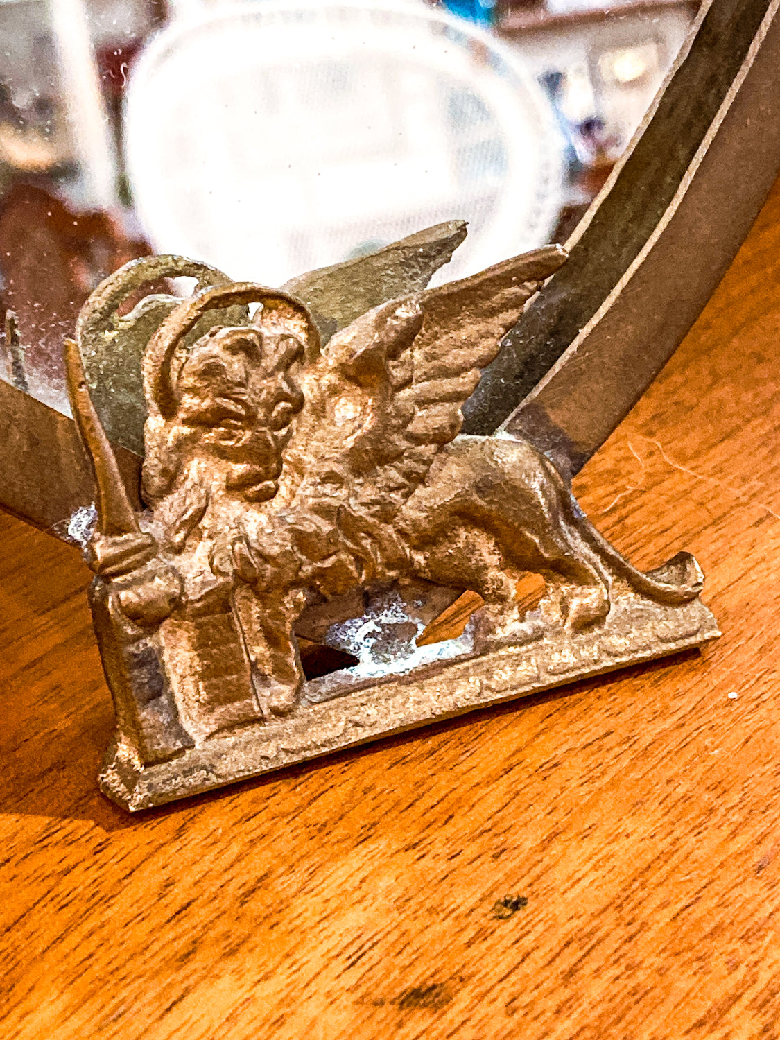 Vintage Italian Brass Venetian Doge Cap St Mark Lion Shield Table Top Mirror