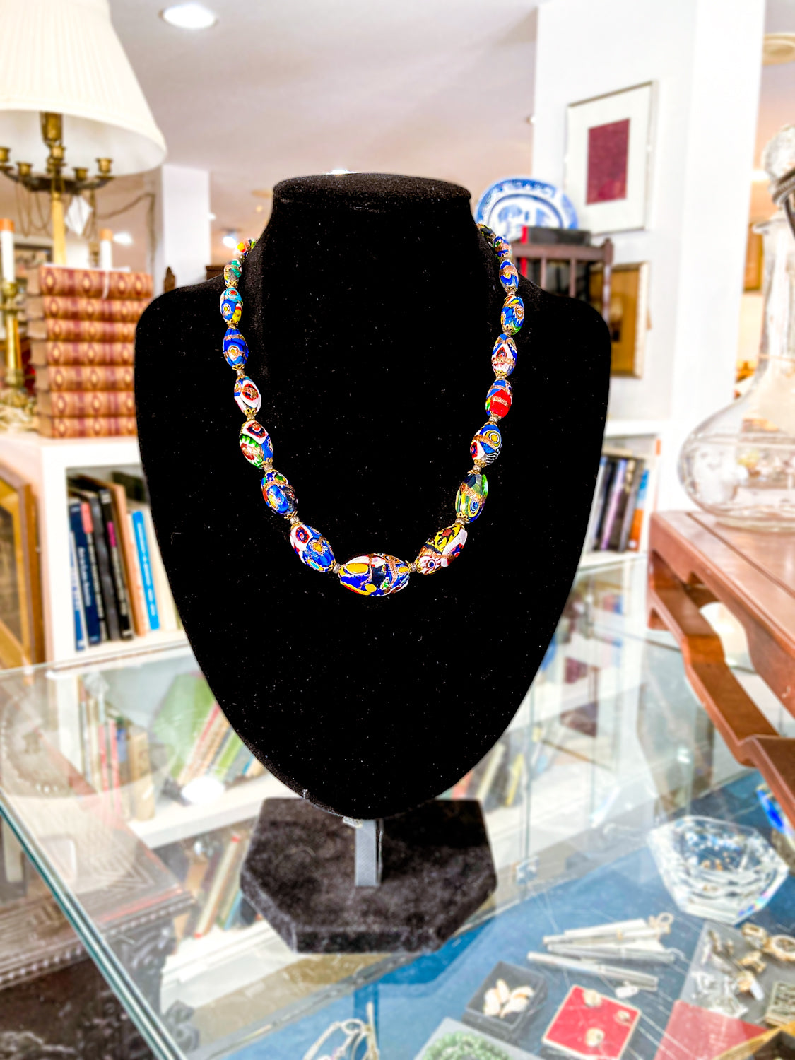 Vintage Venetian Murano Millefiori Multicolor Graduated Glass Bead Necklace