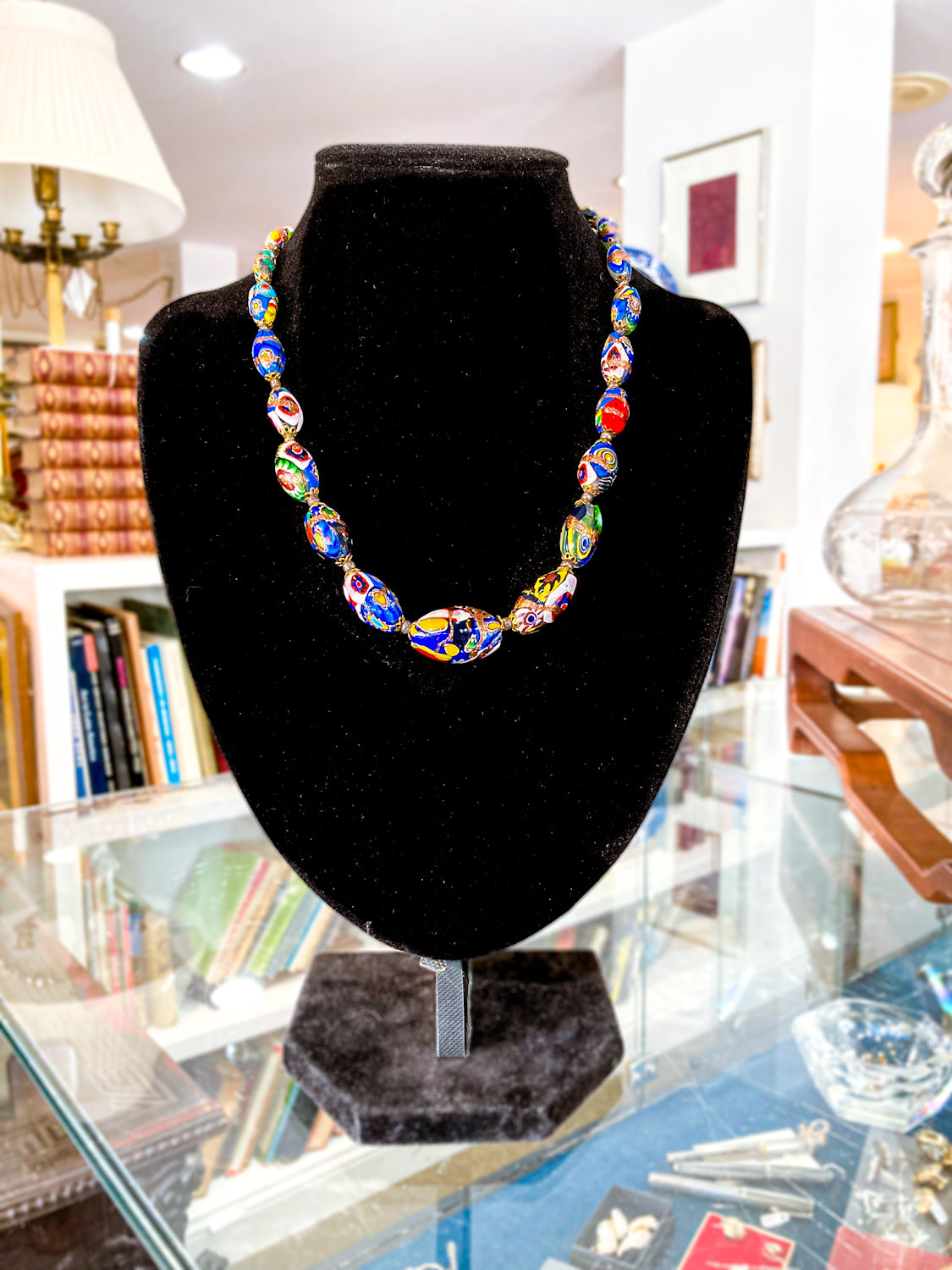 Vintage Venetian Murano Millefiori Multicolor Graduated Glass Bead Necklace