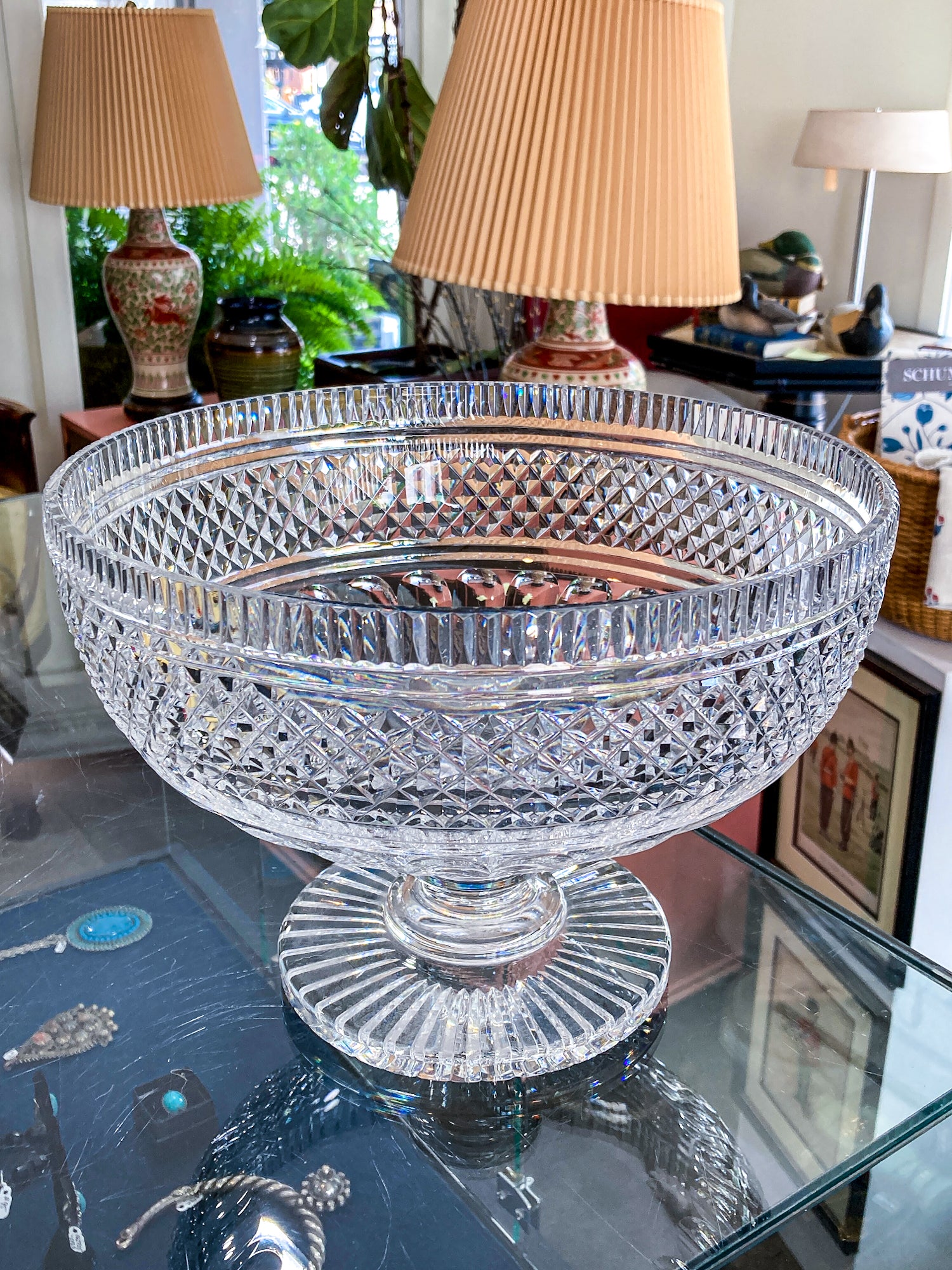Vintage Waterford Cut Clear Crystal Raised Footed 11 Inch Fruit Bowl