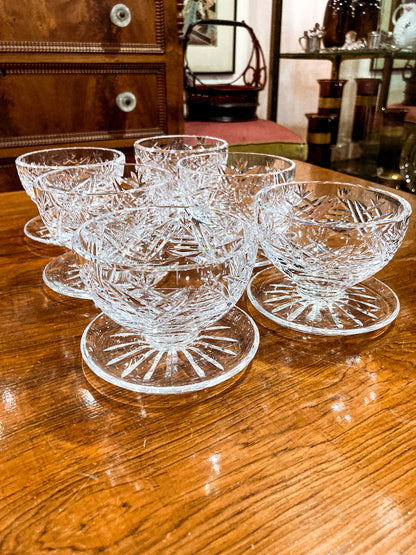 Set of Six Vintage Waterford Clear Crystal Clare Pattern Footed Dessert Bowls