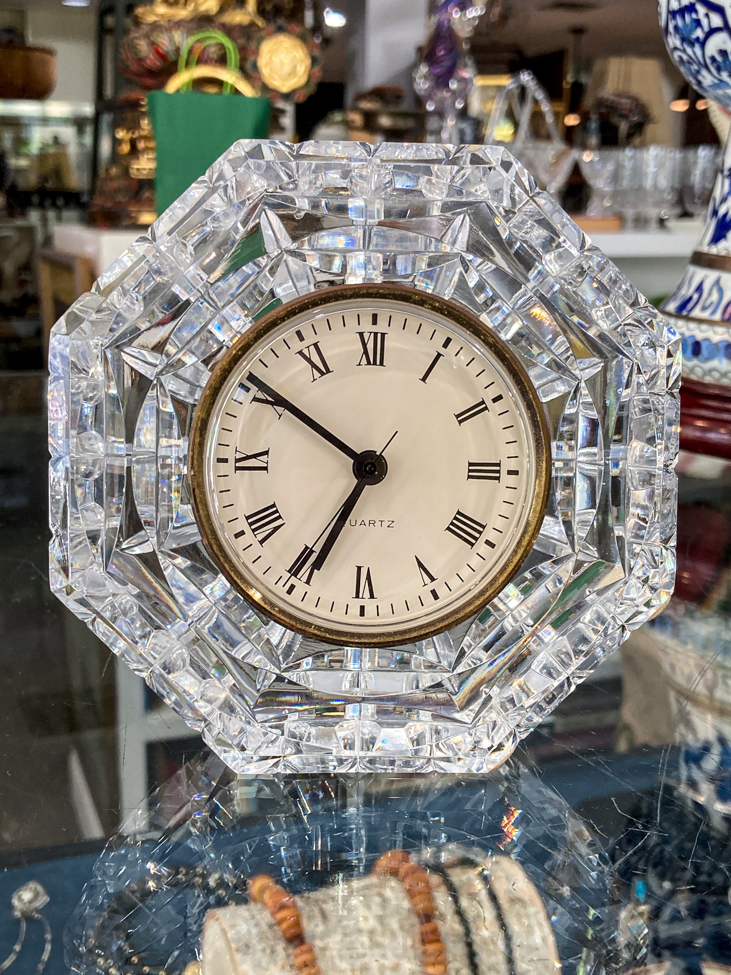 Vintage Waterford Clear Cut Crystal Quartz Roman Numeral Octagonal Tabletop Clock