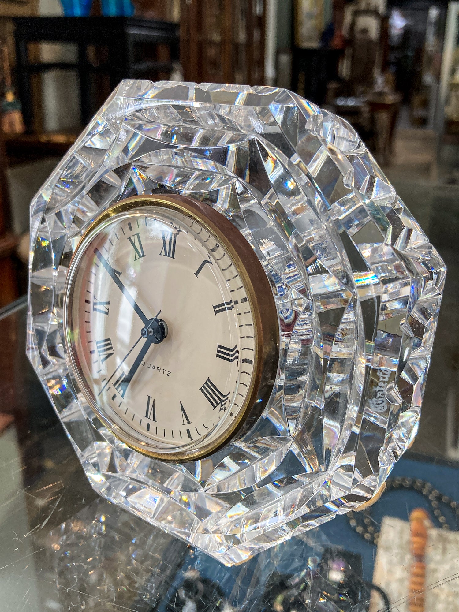 Vintage Waterford Clear Cut Crystal Quartz Roman Numeral Octagonal Tabletop Clock