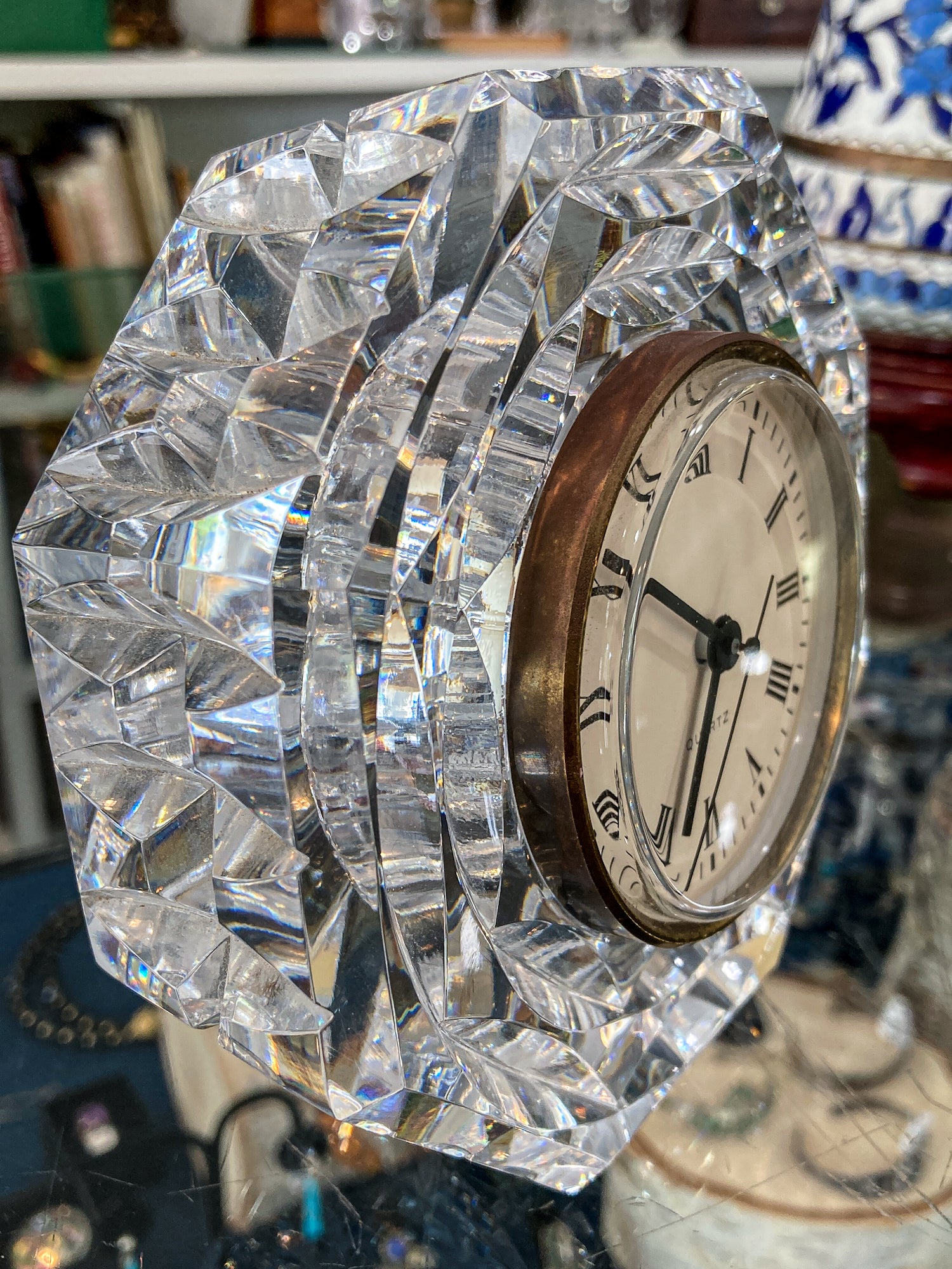 Vintage Waterford Clear Cut Crystal Quartz Roman Numeral Octagonal Tabletop Clock