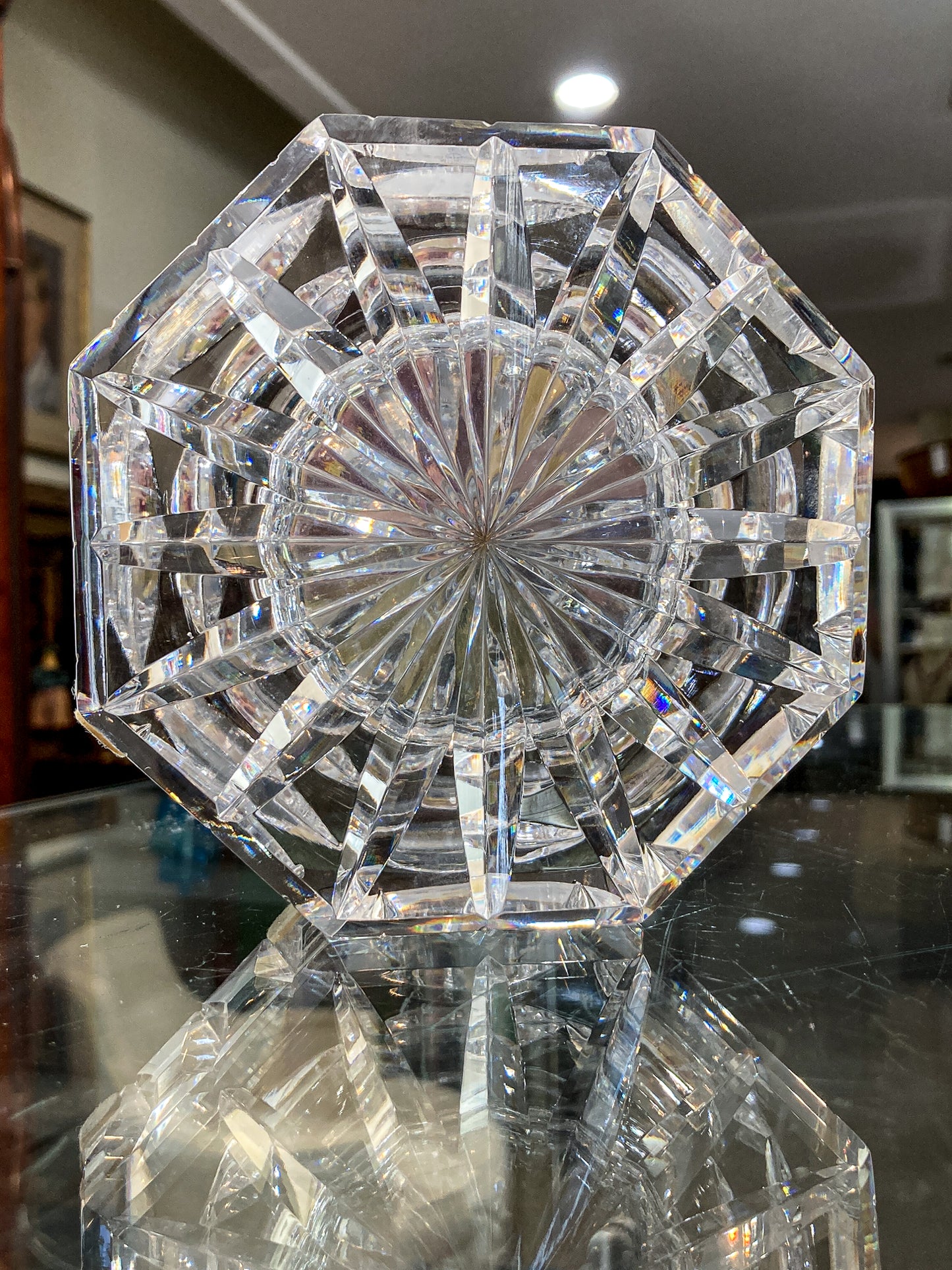 Vintage Waterford Clear Cut Crystal Quartz Roman Numeral Octagonal Tabletop Clock