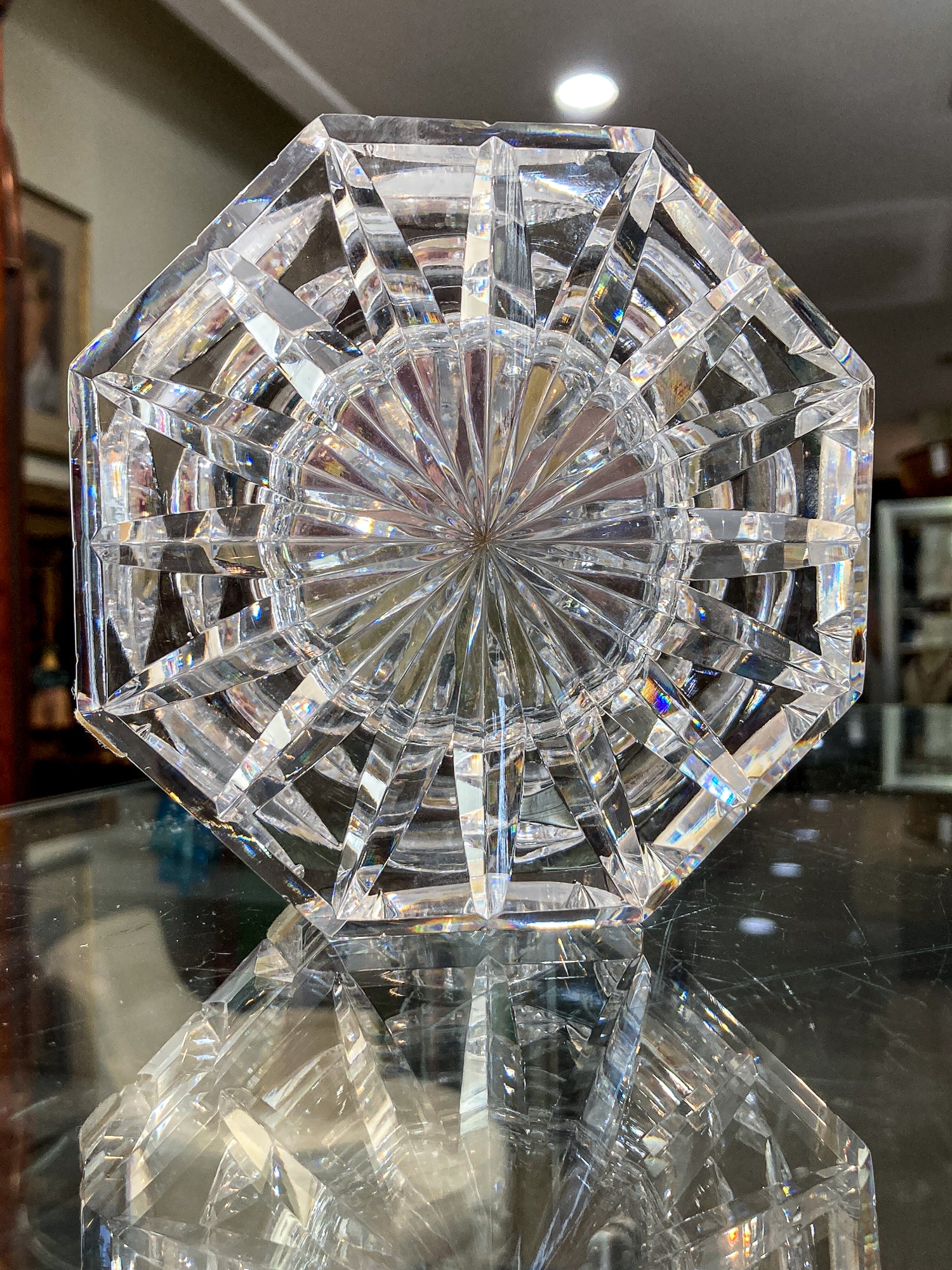 Vintage Waterford Clear Cut Crystal Quartz Roman Numeral Octagonal Tabletop Clock
