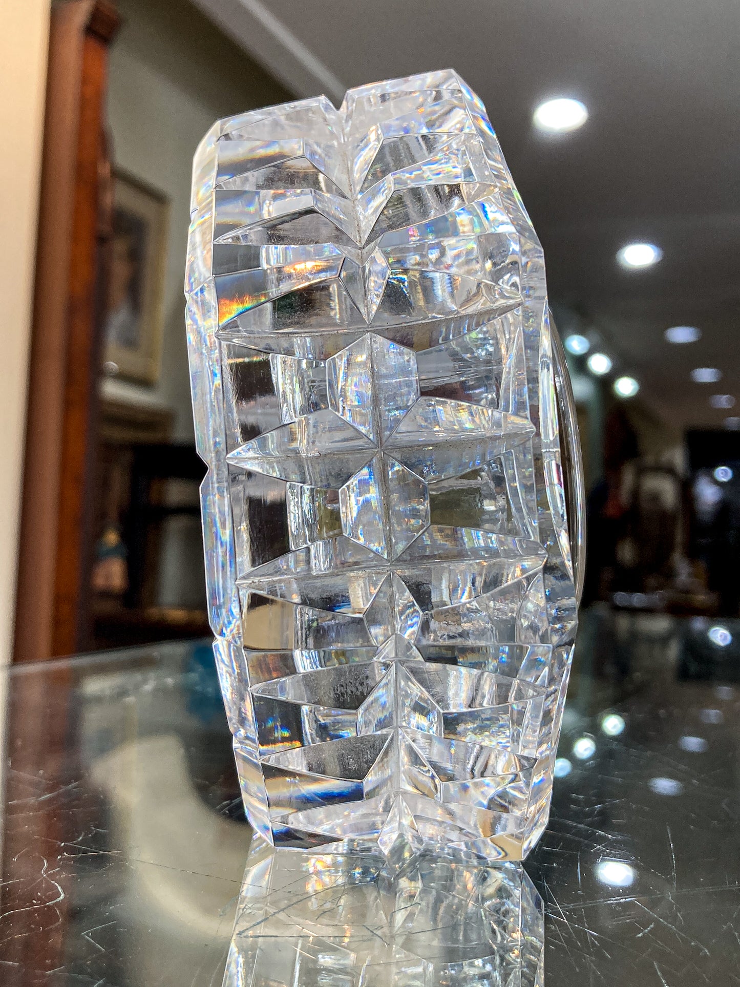 Vintage Waterford Clear Cut Crystal Quartz Roman Numeral Octagonal Tabletop Clock