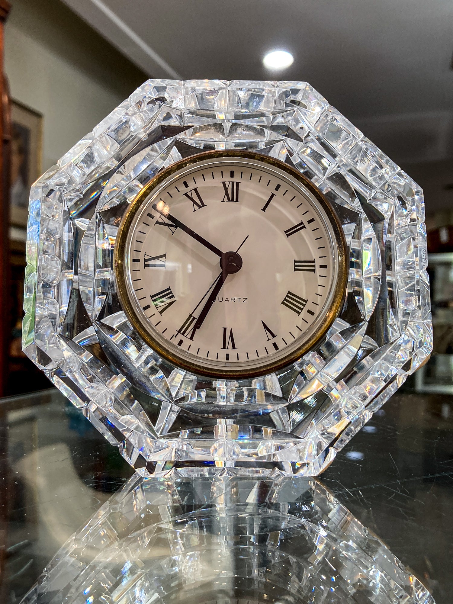 Vintage Waterford Clear Cut Crystal Quartz Roman Numeral Octagonal Tabletop Clock