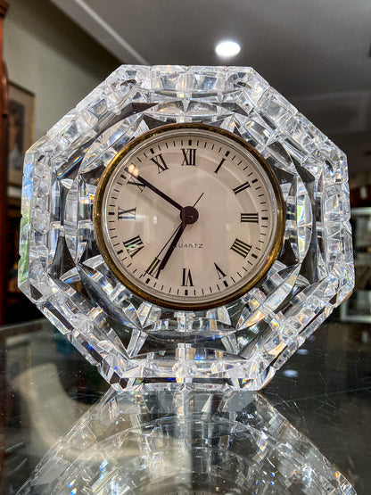 Vintage Waterford Clear Cut Crystal Quartz Roman Numeral Octagonal Tabletop Clock