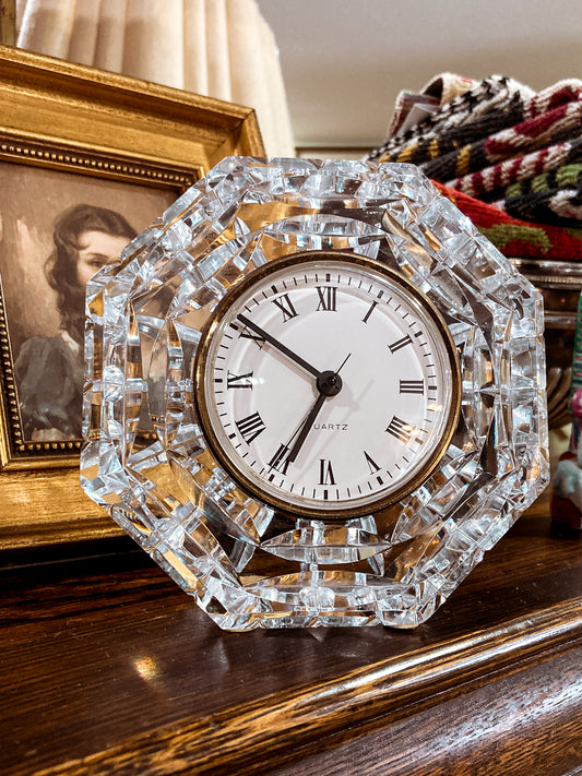 Vintage Waterford Clear Cut Crystal Quartz Roman Numeral Octagonal Tabletop Clock