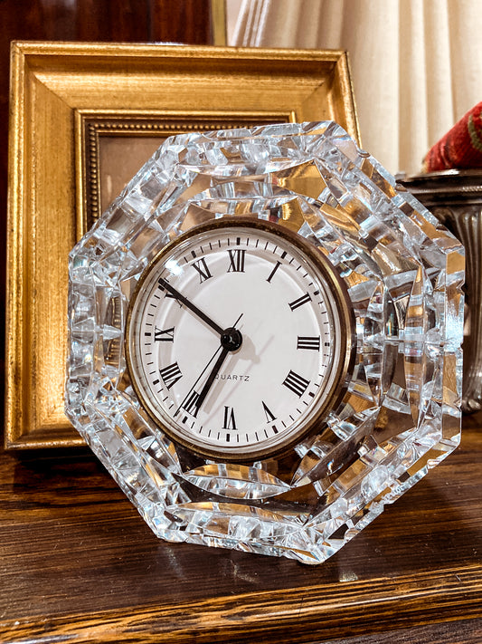 Vintage Waterford Clear Cut Crystal Quartz Roman Numeral Octagonal Tabletop Clock
