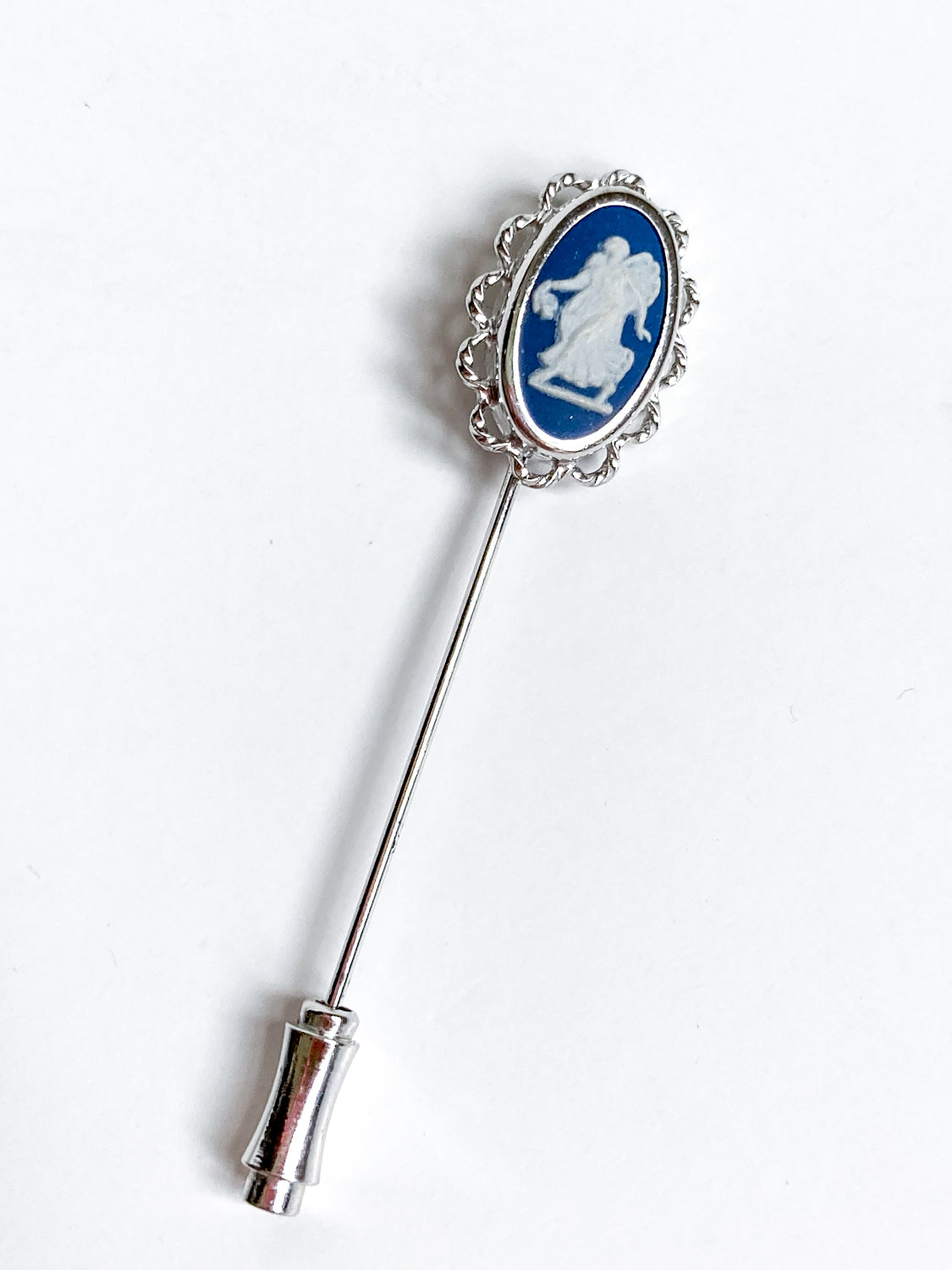 Vintage Wedgwood Blue Jasperware Stainless Steel Cameo Stick Pin Brooch