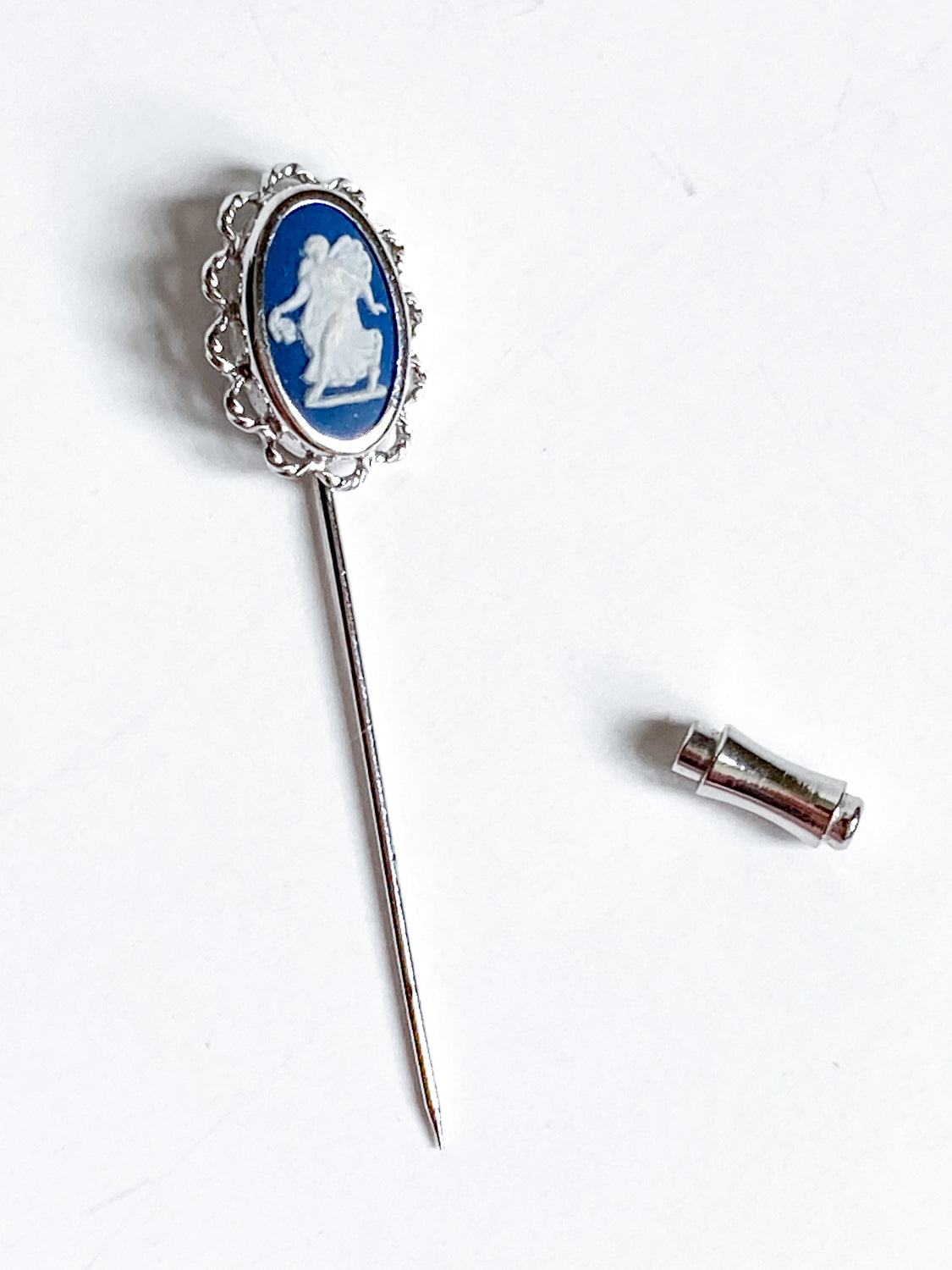 Vintage Wedgwood Blue Jasperware Stainless Steel Cameo Stick Pin Brooch